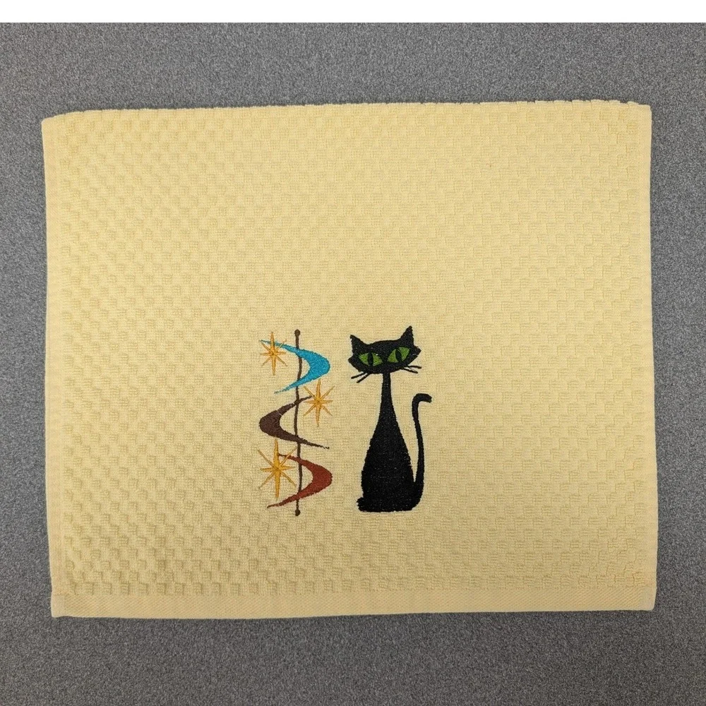 Mid Mod Retro Cat Flying Saucers Kitchen Bar Tea Hand Towel Great Gift Idea!
